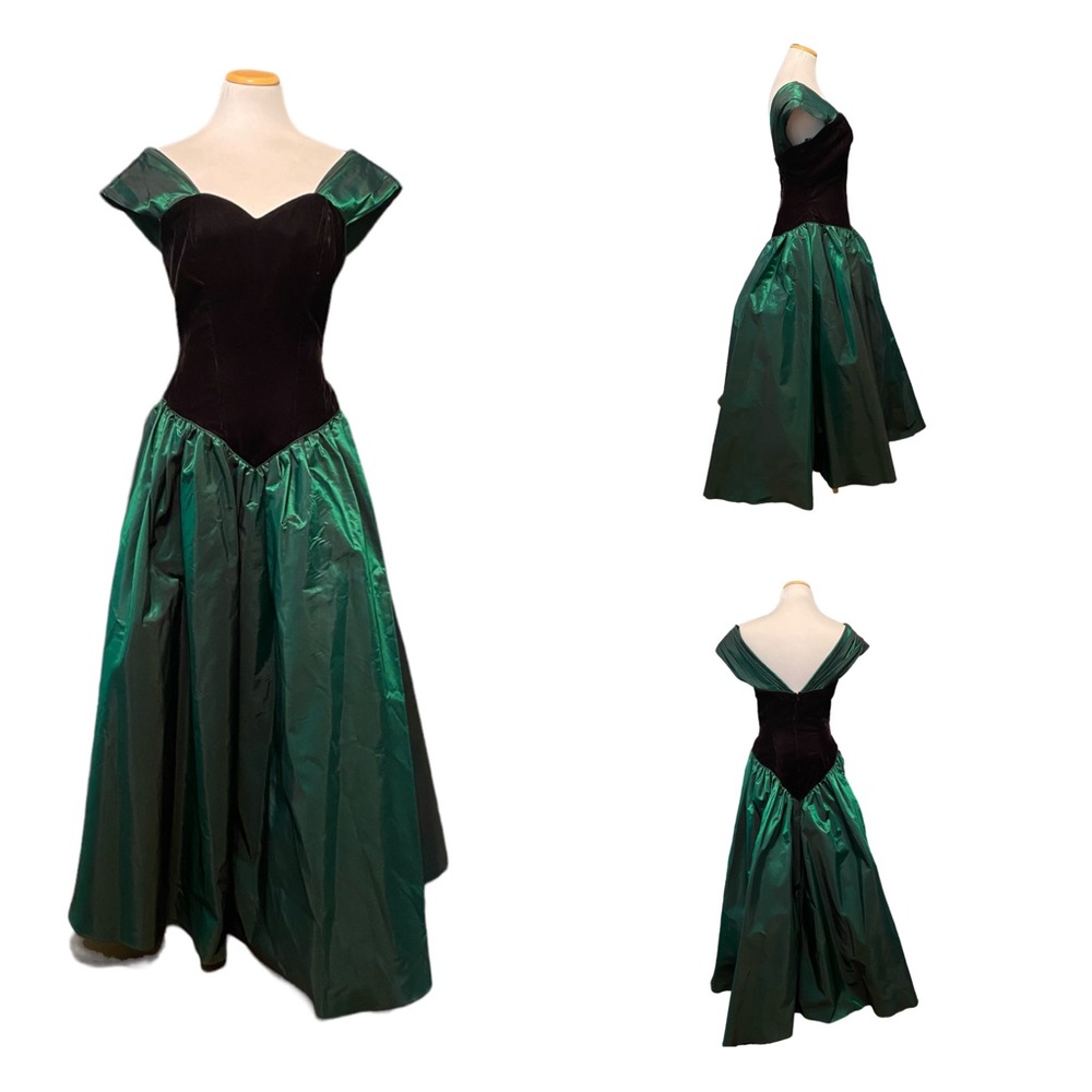 Vintage 90’s Emerald Green Iridescent Taffeta and Black Velvet Evening/prom Gown